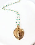 Virgin Mary Medal With Turquoise green Beaded Necklace.
