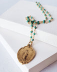 Virgin Mary Medal With Turquoise green Beaded Necklace.