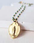 Virgin Mary Medal With Turquoise green Beaded Necklace.