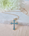 Light Blue Mother Of Pearl cross Catholic necklace