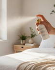 Person holding a bottle of room and linen spray with the words "Jesus, I trust in you" in a bedroom setting