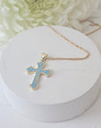 Blue Cross catholic necklace gift in Mother of pearl. Catholic Jewelry.