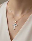 Religious Pink Mother of Pearl Cross Necklace Gold filled – Catholic Jewelry