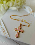 Gold filled pink mother of Pearl Cross pendant necklace gift wrap