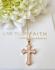 Pink Cross catholic necklace in gold filled and Mother of pearl