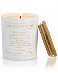 Ave Maria scented prayer candle in rose petals on a 7oz white matte vessel with white paper label and gold foil made y Live Your faith Catholic