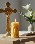 100 % beeswax candle with image of Virgin Mary