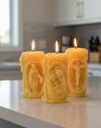 Catholic Beeswax Candle Set | Virgin Mary, Holy Family & Crucifix | Handcrafted Devotional Gifts