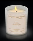 catholic prayer candle with the words Jesus I trust in you in white tea scent
