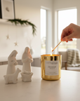 Emmanuel candle being lit by a hand next to a nativity.