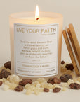 catholic prayer candle with bible verse John 1:14 in frankincense and myrrh