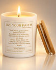 Ave Maria Catholic prayer candle in Rose Petals scent with bamboo lid in a white background