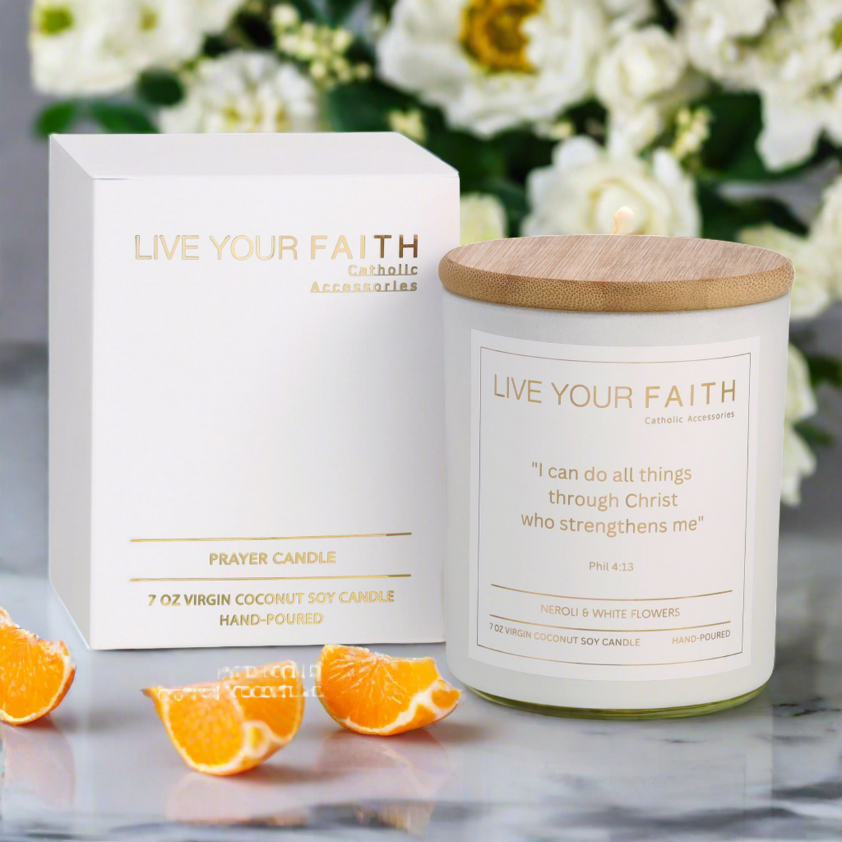 Catholic Prayer Candle, Phil 4:13, Neroli and white Flowers – Live