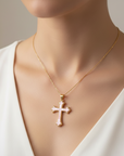 Religious Pink Mother of Pearl Cross Necklace Gold filled – Catholic Jewelry