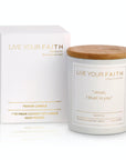 catholic candle with box the candle reads Jesus I trust in you in white tea scent
