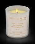 catholic prayer candle with the phrase from Phil. 4:13 in neroli and white flowers