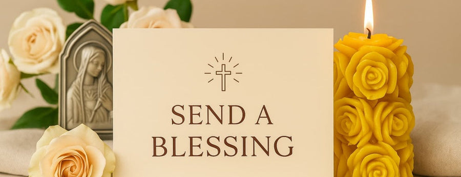 Catholic gift card banner featuring a beeswax rose candle and soft white floral background, promoting faith-filled gifts from Live Your Faith Catholic.