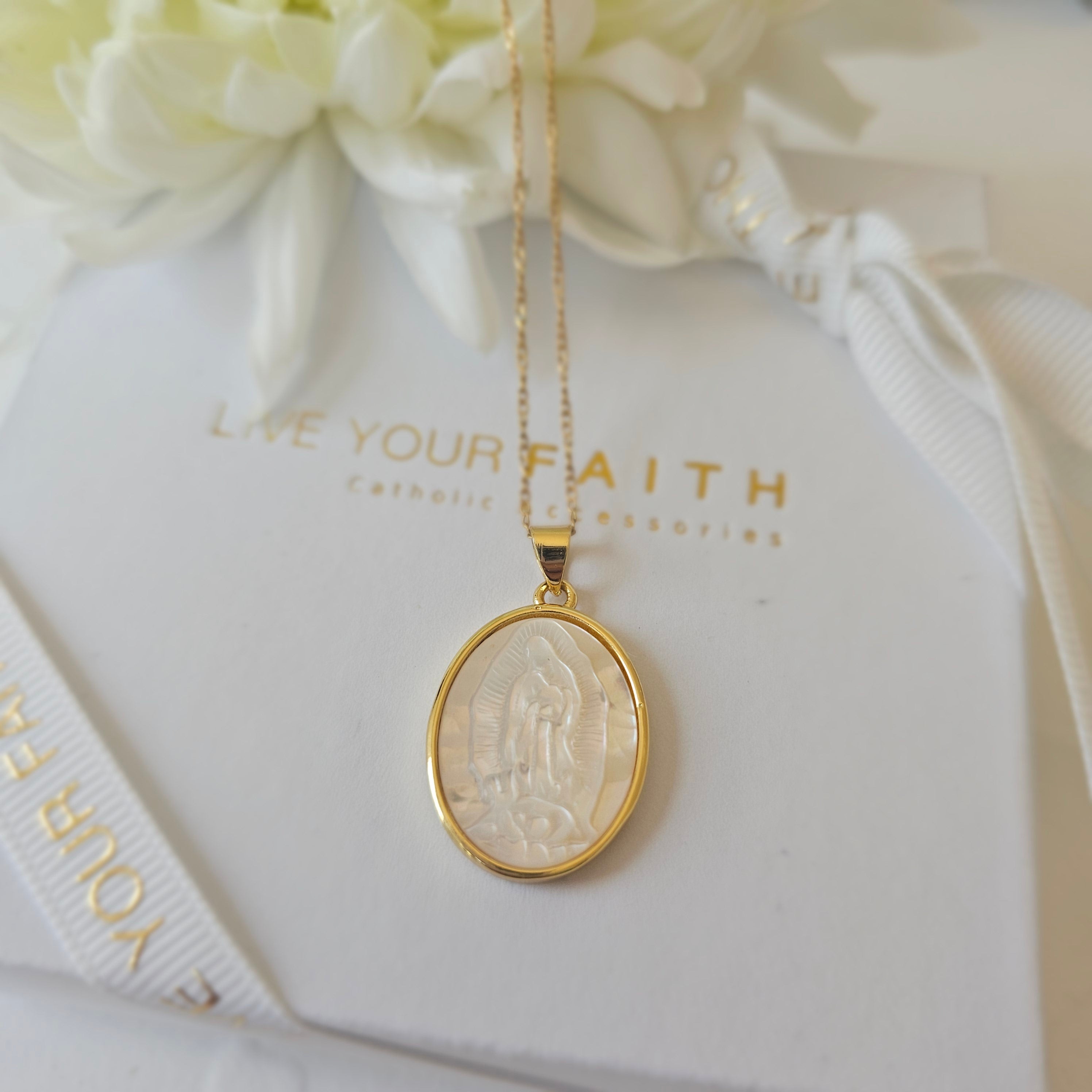 Our Lady Of Guadalupe Mother of Pearl Necklace in Gold filled and beautiful packaging