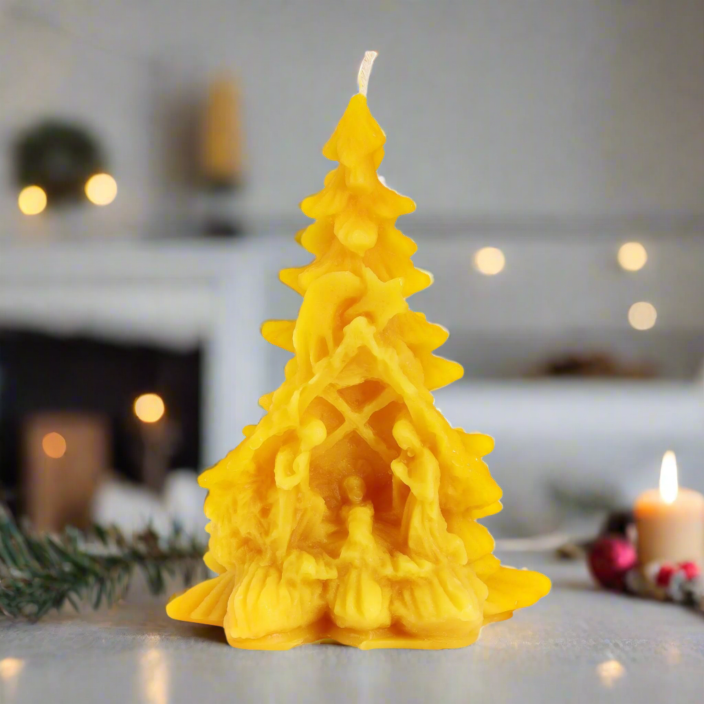 100% beeswax candle Christmas tree shape with Nativity scene. Catholic gift. pine tree beeswax candle with nativity scene catholic christmas gifts.