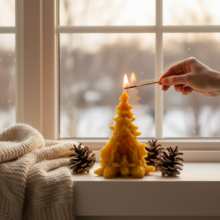 Candle shaped like a Christmas tree being lit with a match, surrounded by pine cones on a windowsill. pine tree beeswax candle with nativity scene catholic christmas gifts