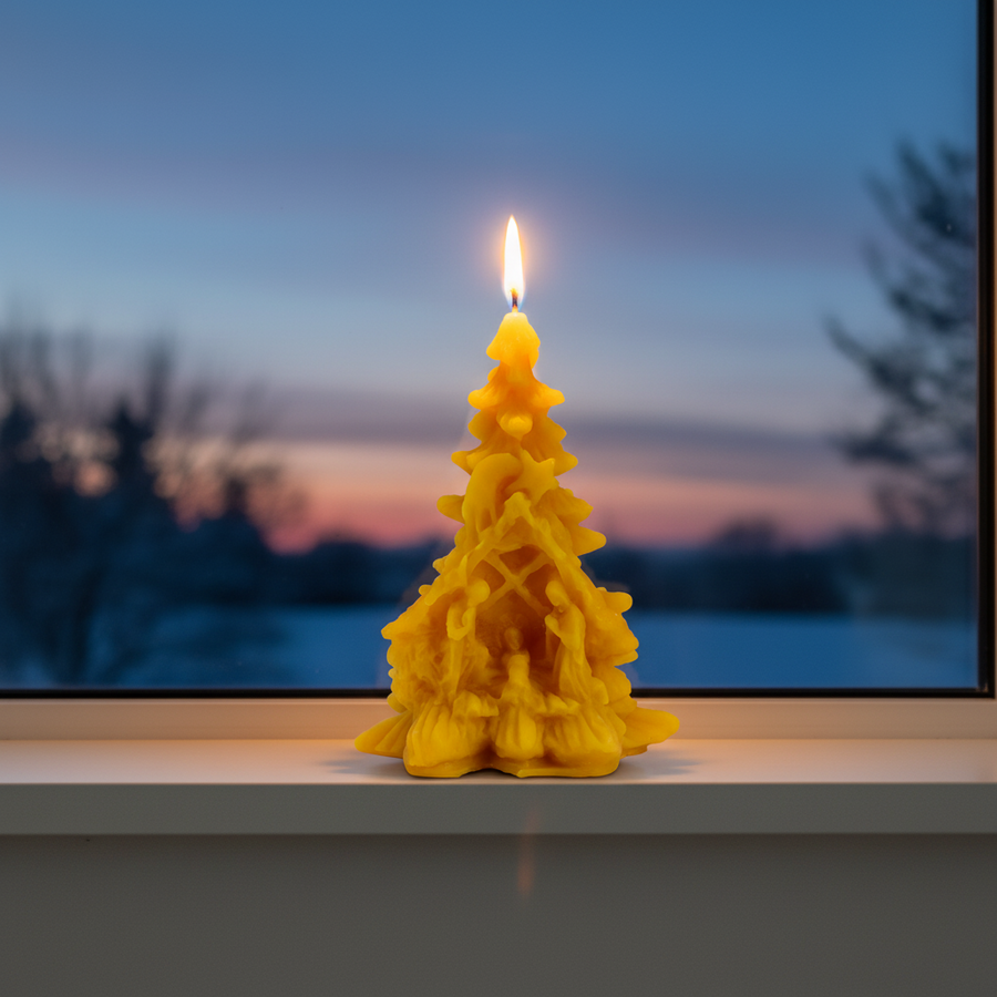 Yellow tree-shaped candle with a lit wick on a windowsill during sunset. pine tree beeswax candle with nativity scene catholic christmas gifts