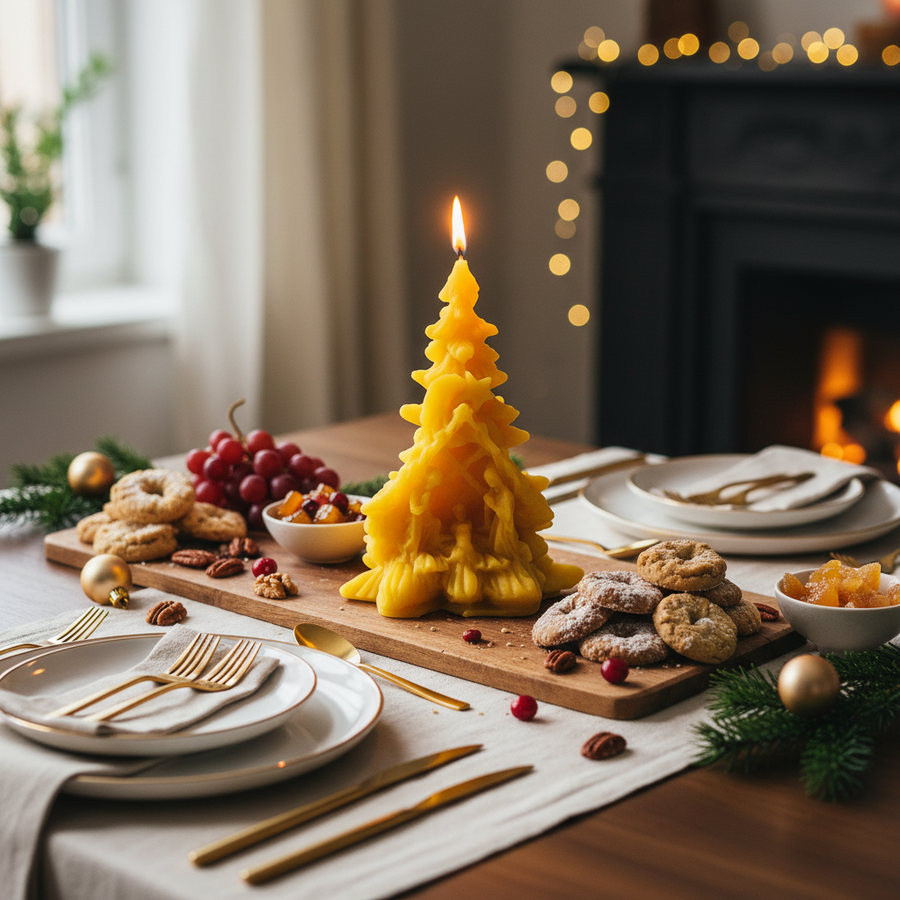 Decorative candle shaped like a Christmas tree on a table with food and festive decor. pine tree beeswax candle with nativity scene catholic christmas gifts