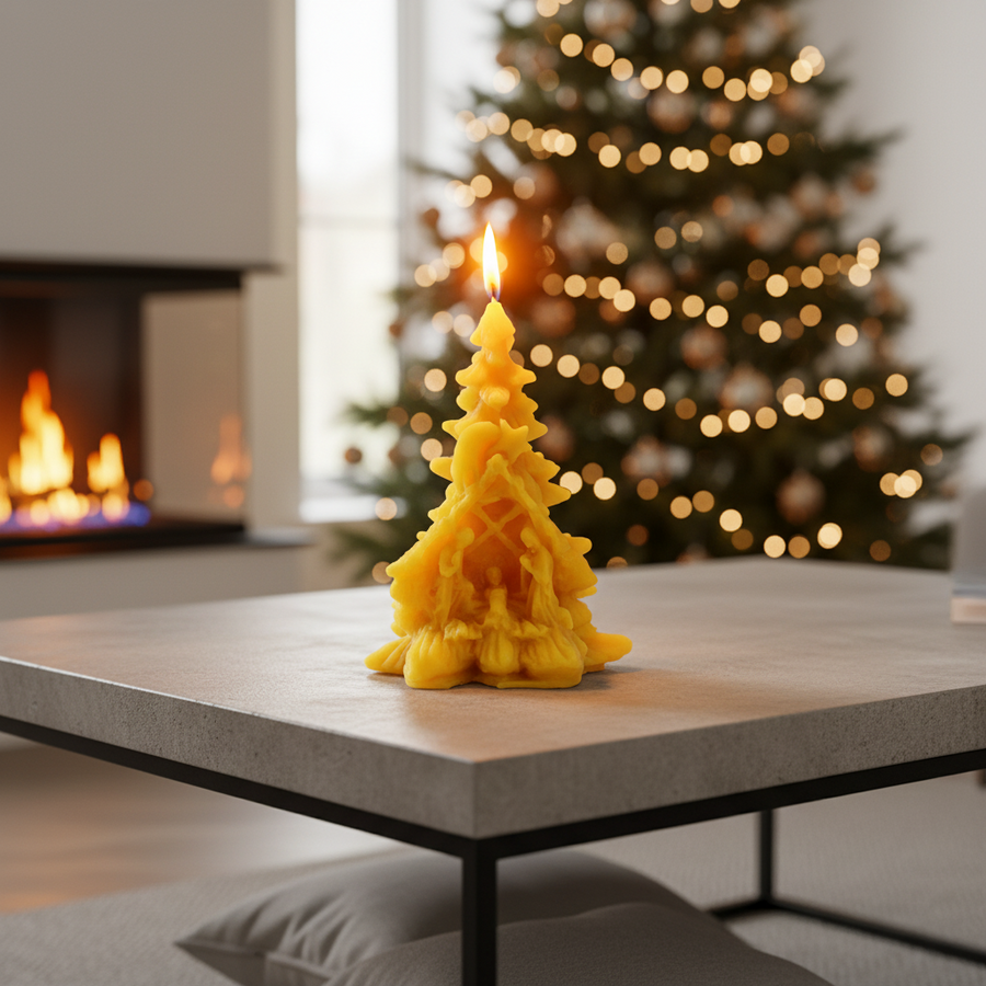 Tree-shaped candle on a table with a Christmas tree and fireplace in the background, pine tree beeswax candle with nativity scene catholic christmas gifts. 100% beeswax candle.