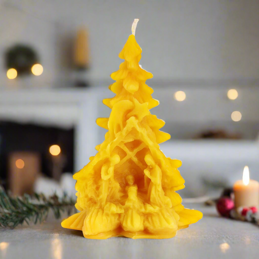 100% beeswax candle Christmas tree shape with Nativity scene. Catholic gifts.