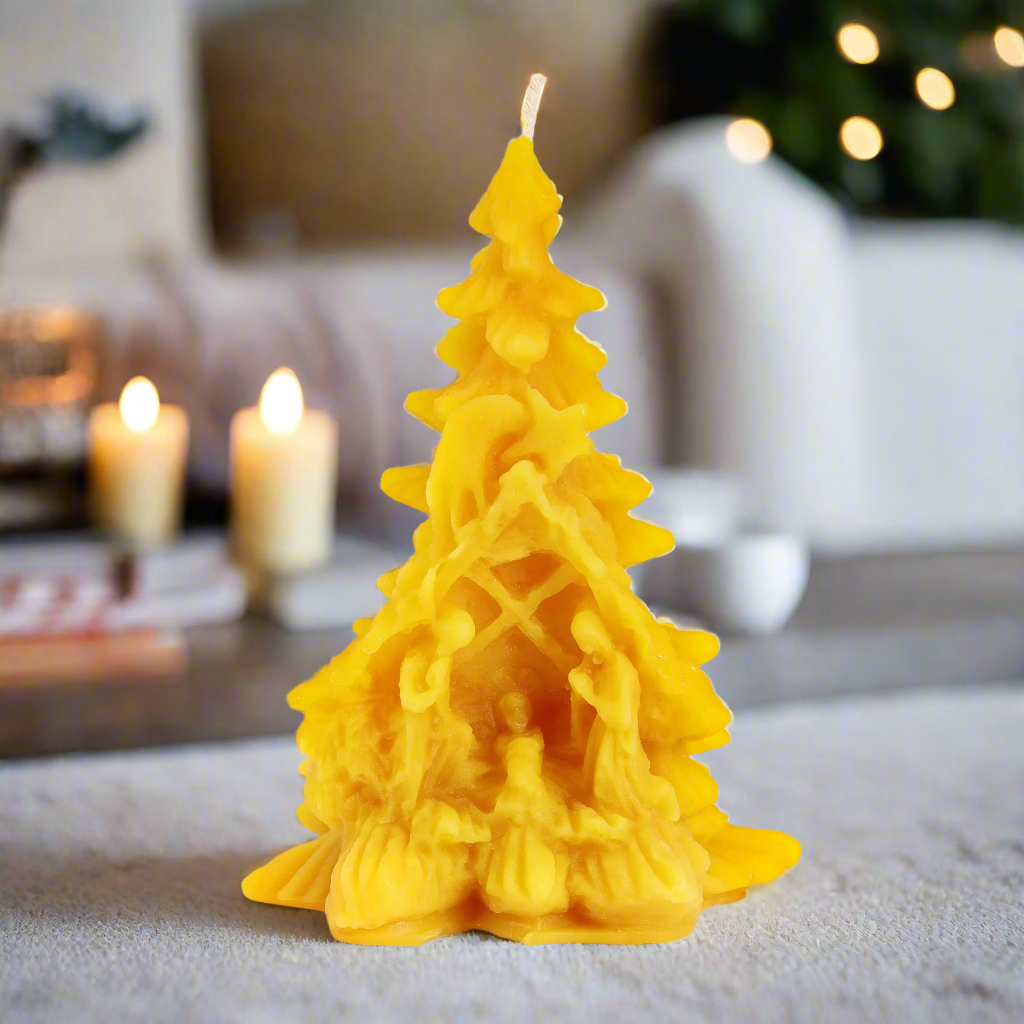 pine tree beeswax candle with nativity scene catholic christmas gifts