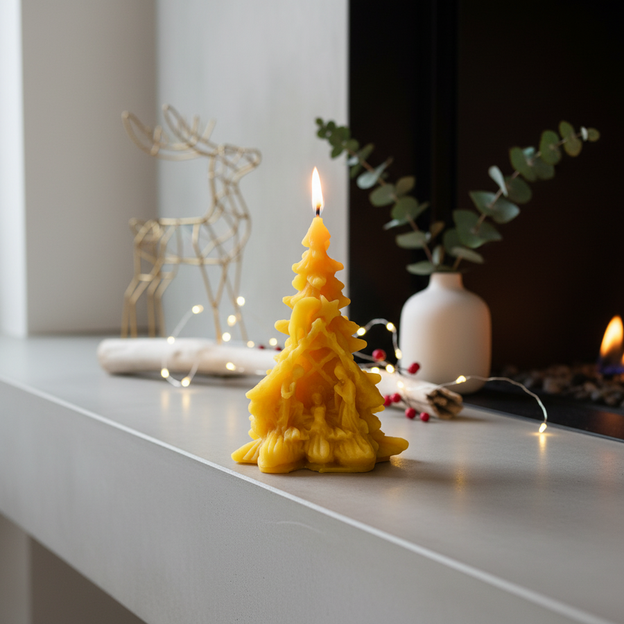 100% beeswax Yellow tree-shaped candle on a mantelpiece with decorative items. pine tree beeswax candle with nativity scene catholic christmas gifts