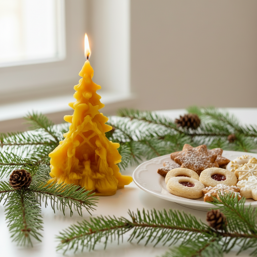 Yellow Christmas tree candle with a plate of cookies and pine branches on a light background.pine tree beeswax candle with nativity scene catholic christmas gifts. 100% catholic beeswax candle