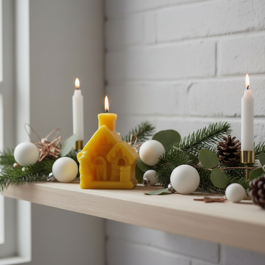 Decorative setup with beeswax candles and greenery on a shelf against a white brick wall.