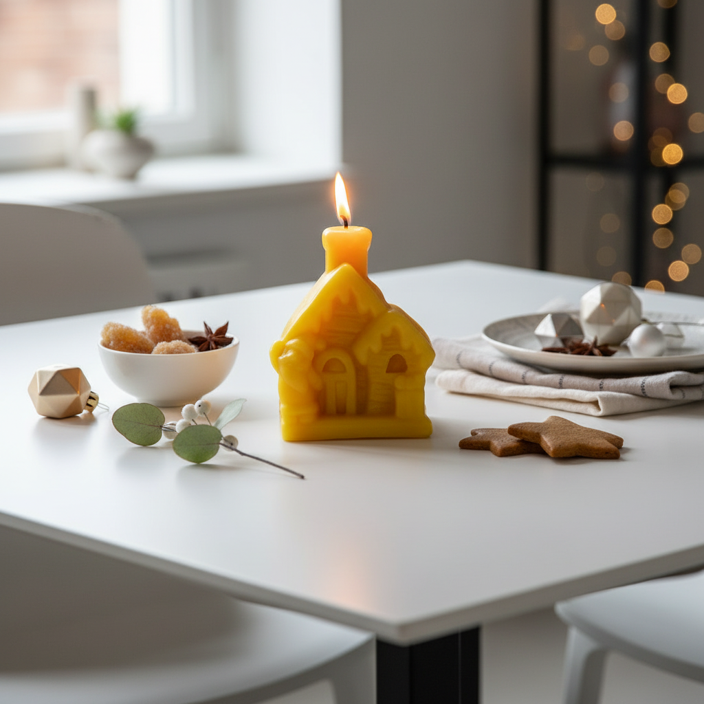 Christmas beeswax candle in the shape of a house on a table with christmas food