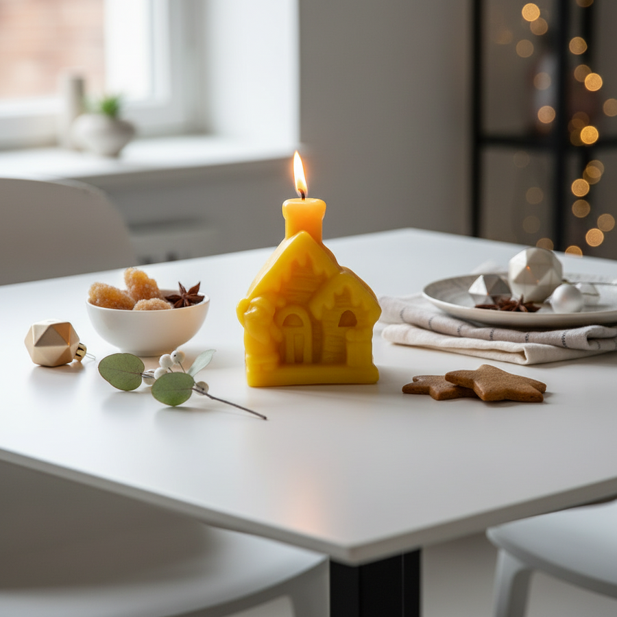 Christmas beeswax candle in the shape of a house on a table with christmas food