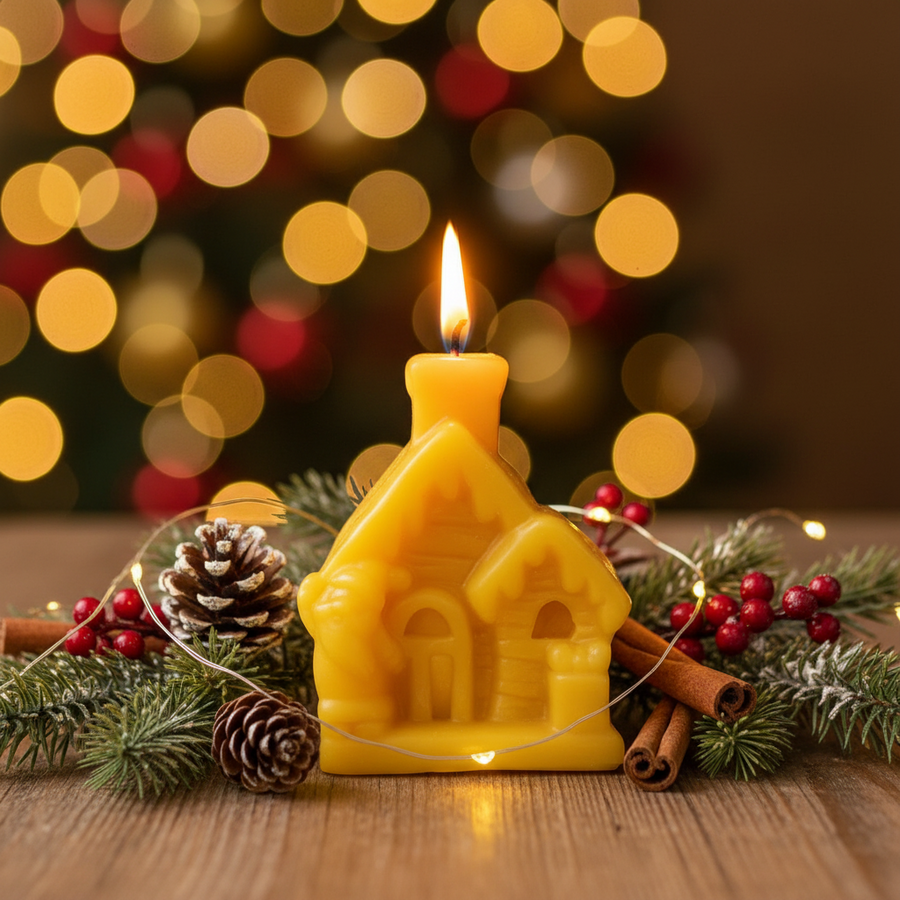 Yellow house-shaped beeswax candle with a lit flame, surrounded by Christmas decorations on a wooden surface with blurred lights in the background.