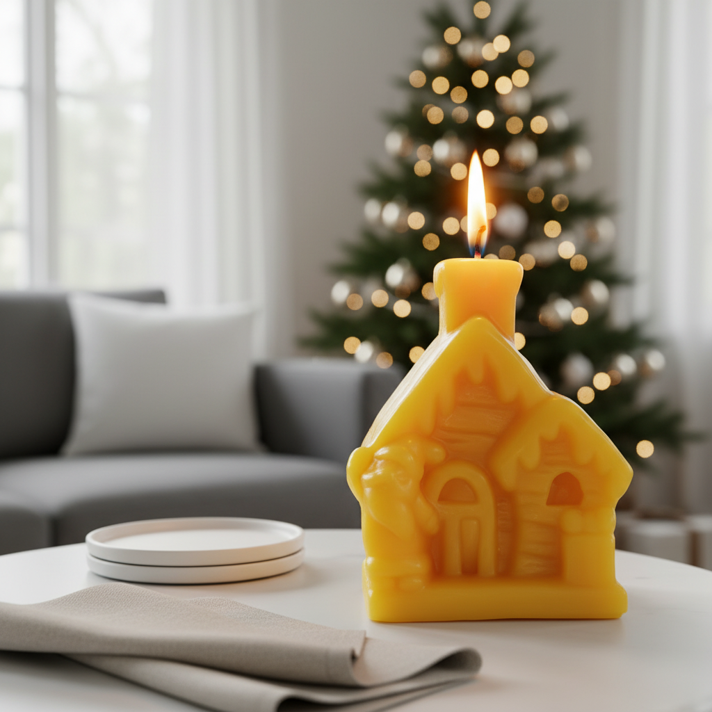 Yellow house-shaped beeswax candle with a flame on a table in a living room with a Christmas tree in the background.