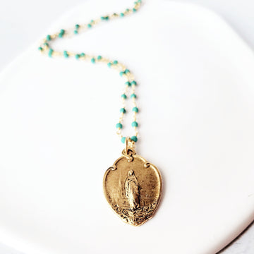 Virgin Mary Medal With Turquoise green Beaded Necklace.