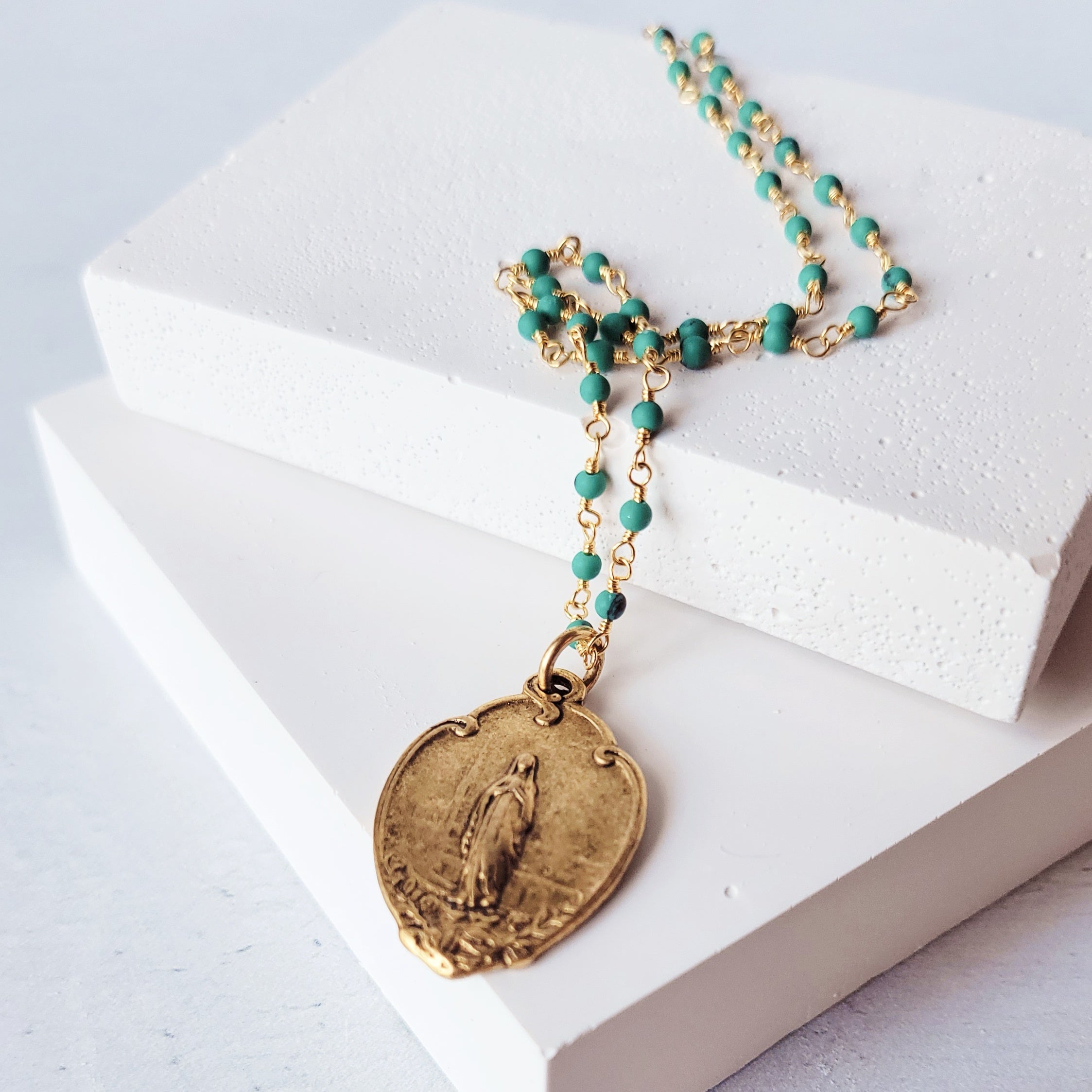 Virgin Mary Medal With Turquoise green Beaded Necklace.