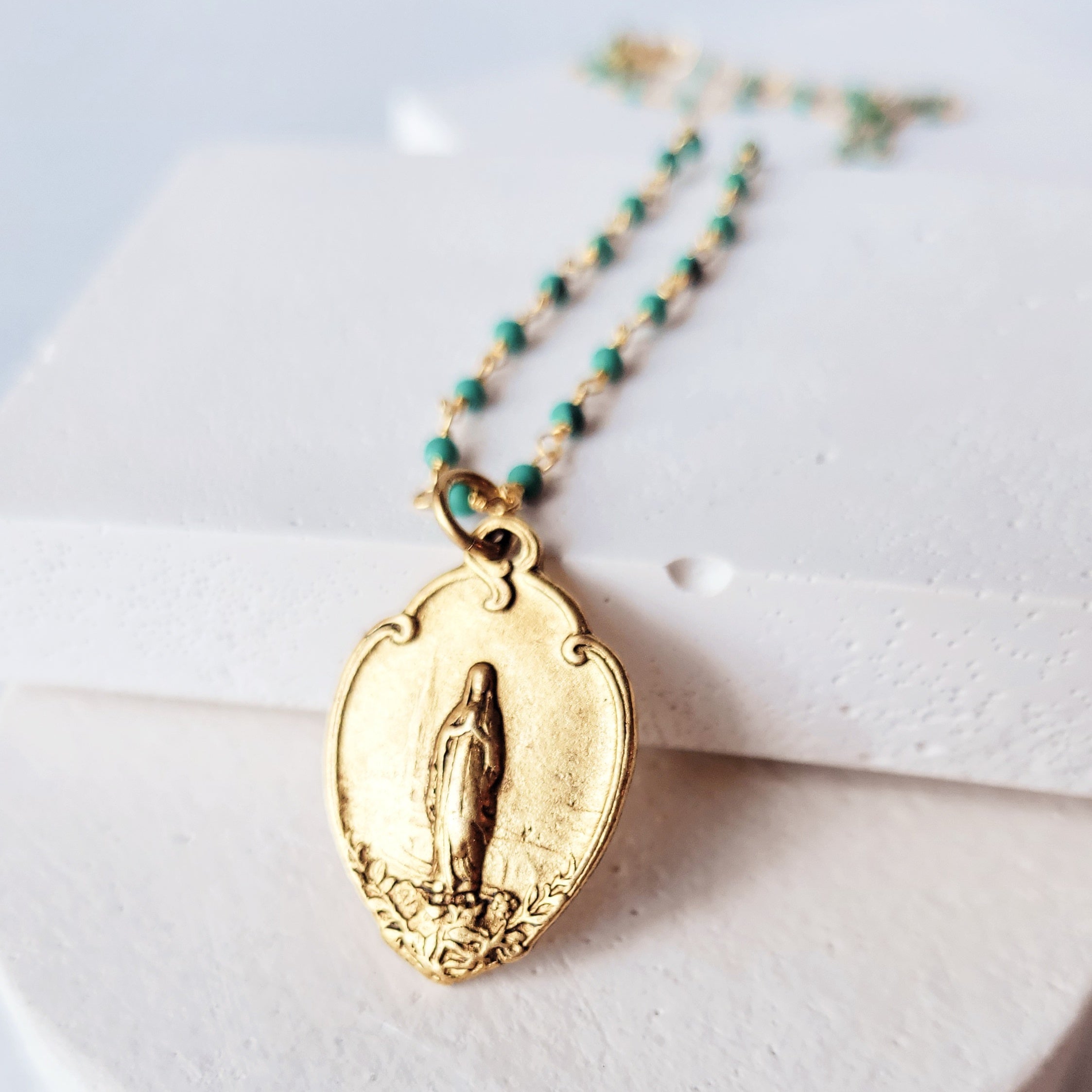 Virgin Mary Medal With Turquoise green Beaded Necklace.
