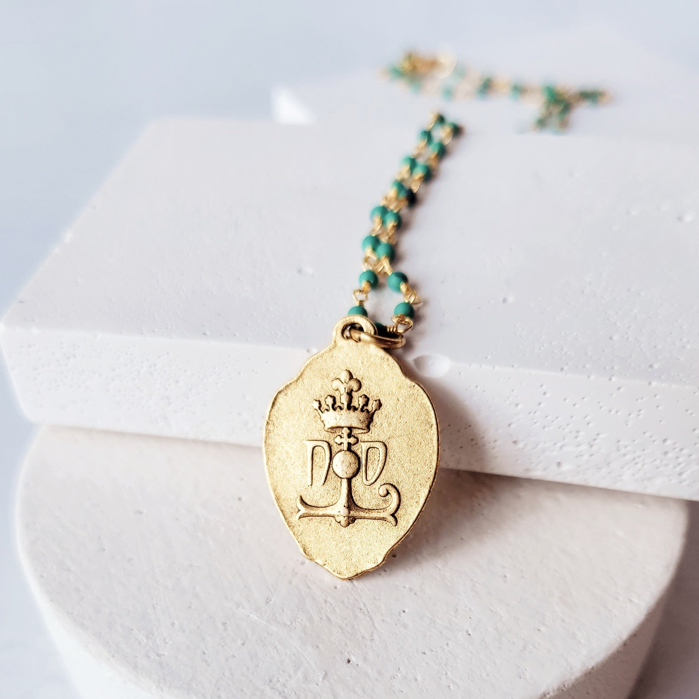 Virgin Mary Medal With Turquoise green Beaded Necklace.
