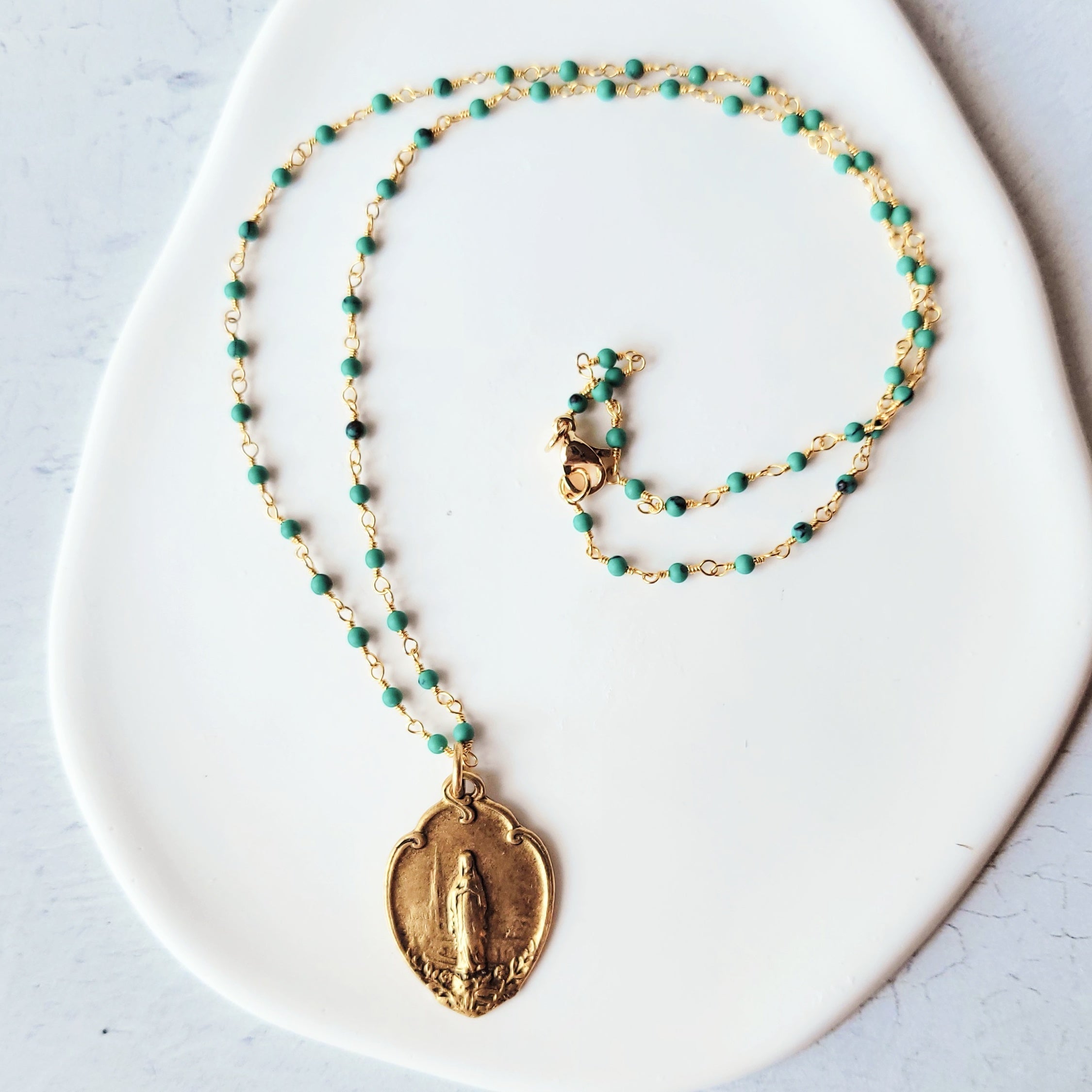 Virgin Mary Medal With Turquoise green Beaded Necklace.