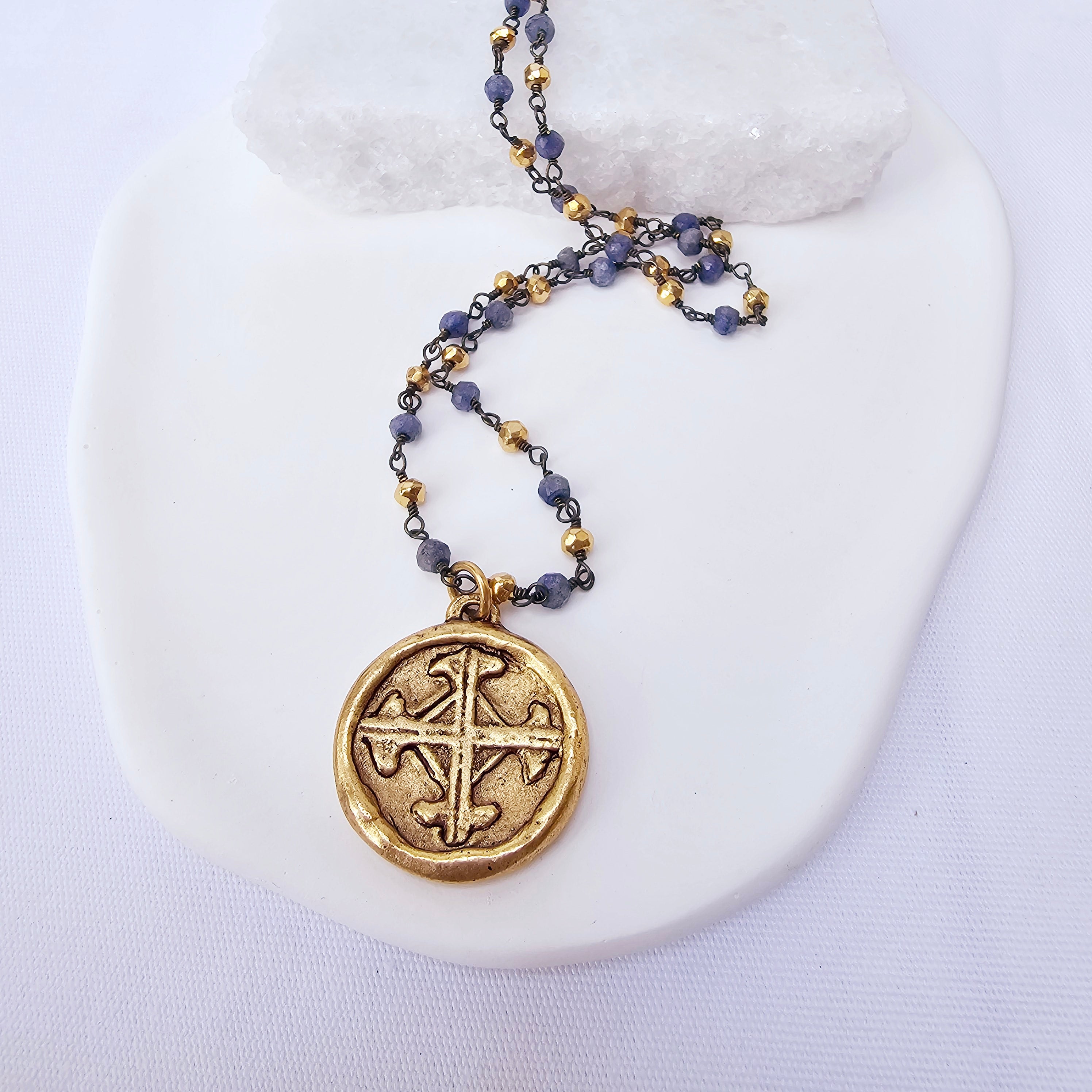 Serenity Prayer Sapphire and Pyrite Beaded Necklace