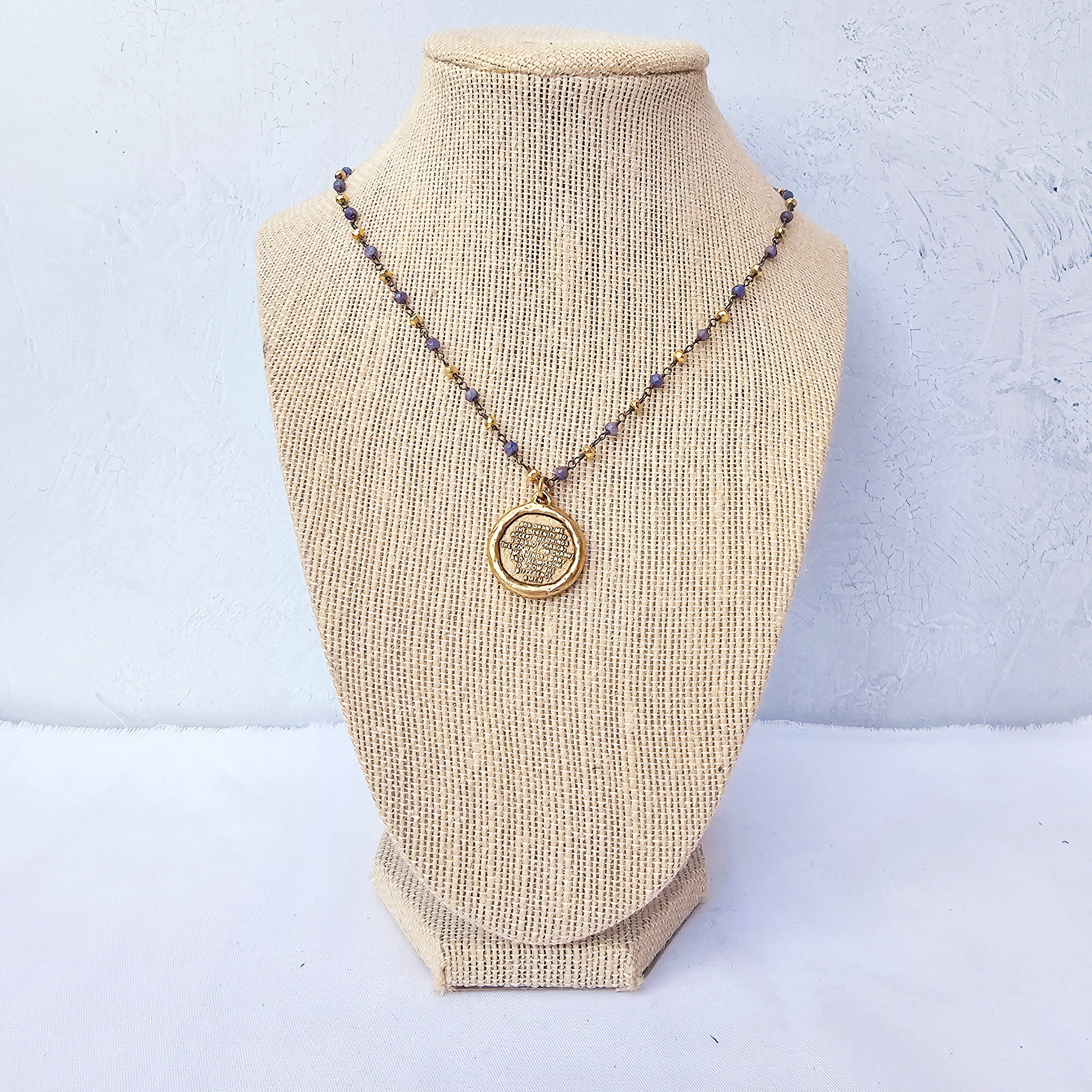 Serenity Prayer Sapphire and Pyrite Beaded Necklace