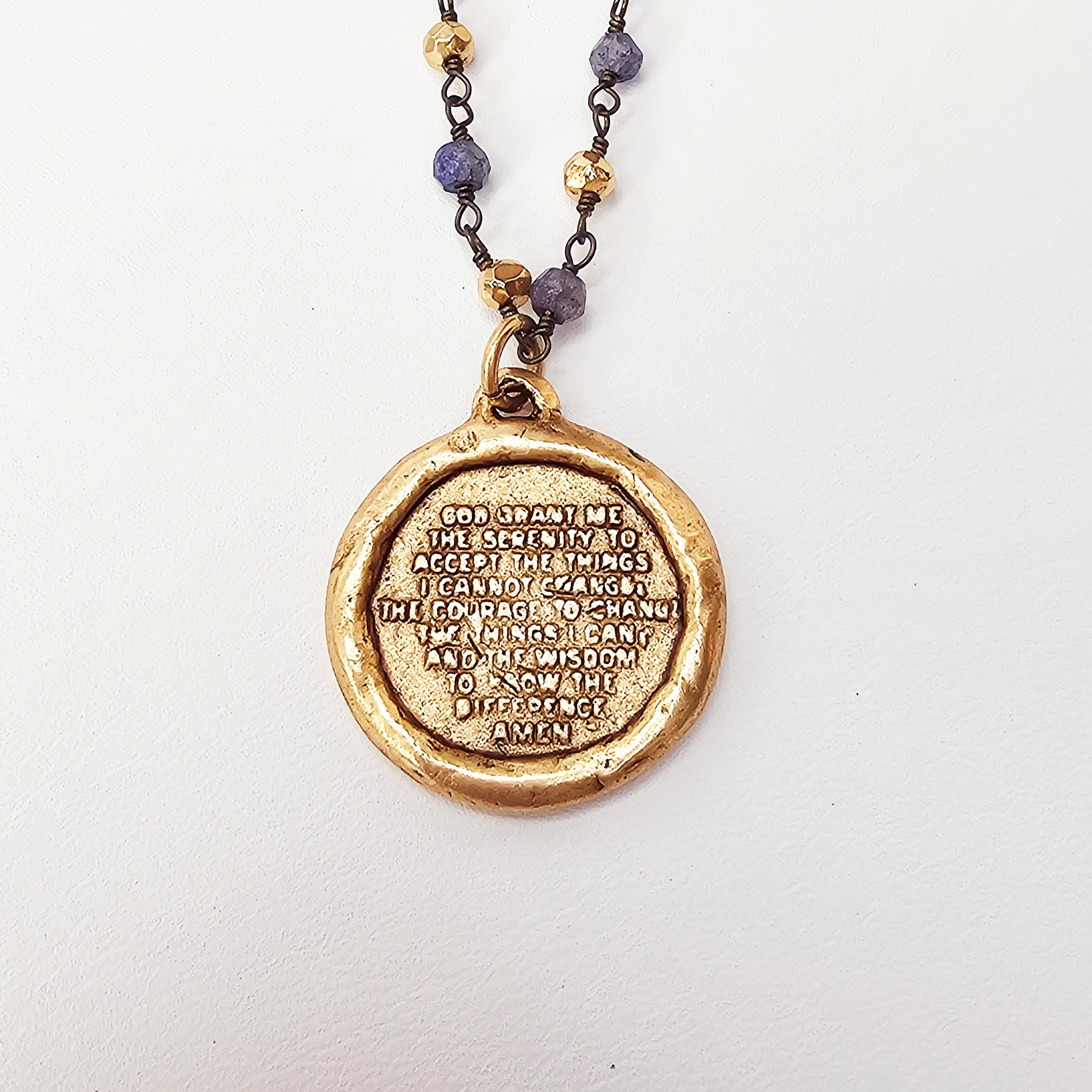 Serenity Prayer Sapphire and Pyrite Beaded Necklace