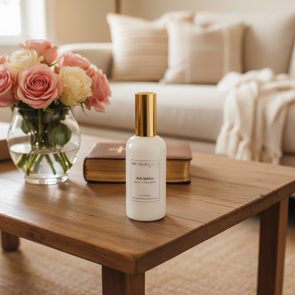 White bottle with gold cap on a wooden table next to pink roses in a vase, with a blurred background of a living room. inspired in the Ave Maria prayer.