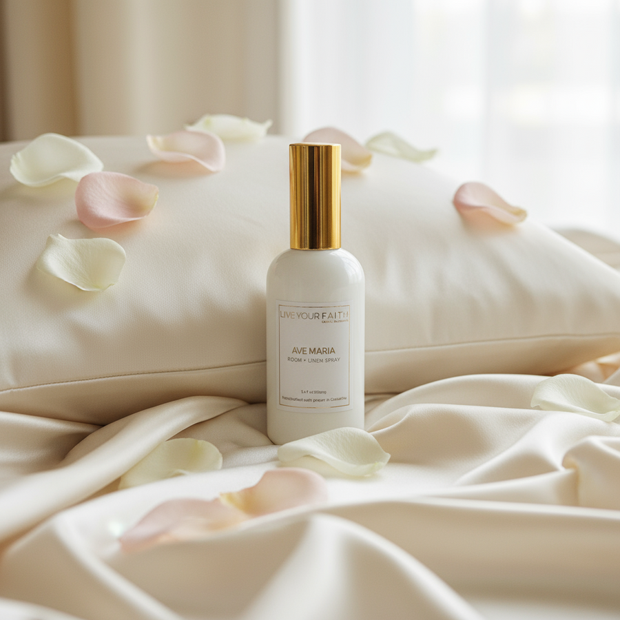 Room spray bottle with gold cap on a white pillow with pink petals. Ave Maria Scent.
