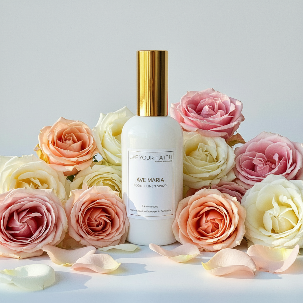 Ave Maria room spray bottle surrounded by pink and white roses on a light background