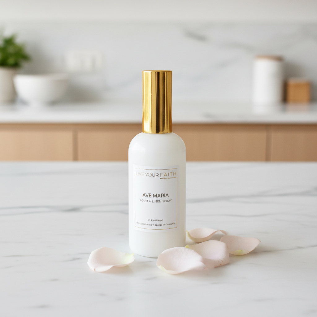 Room and linen spray bottle with gold cap on a marble surface with pink petals, blurred kitchen background.inspired in the Ave Maria prayer. Catholic room spray, catholic gift