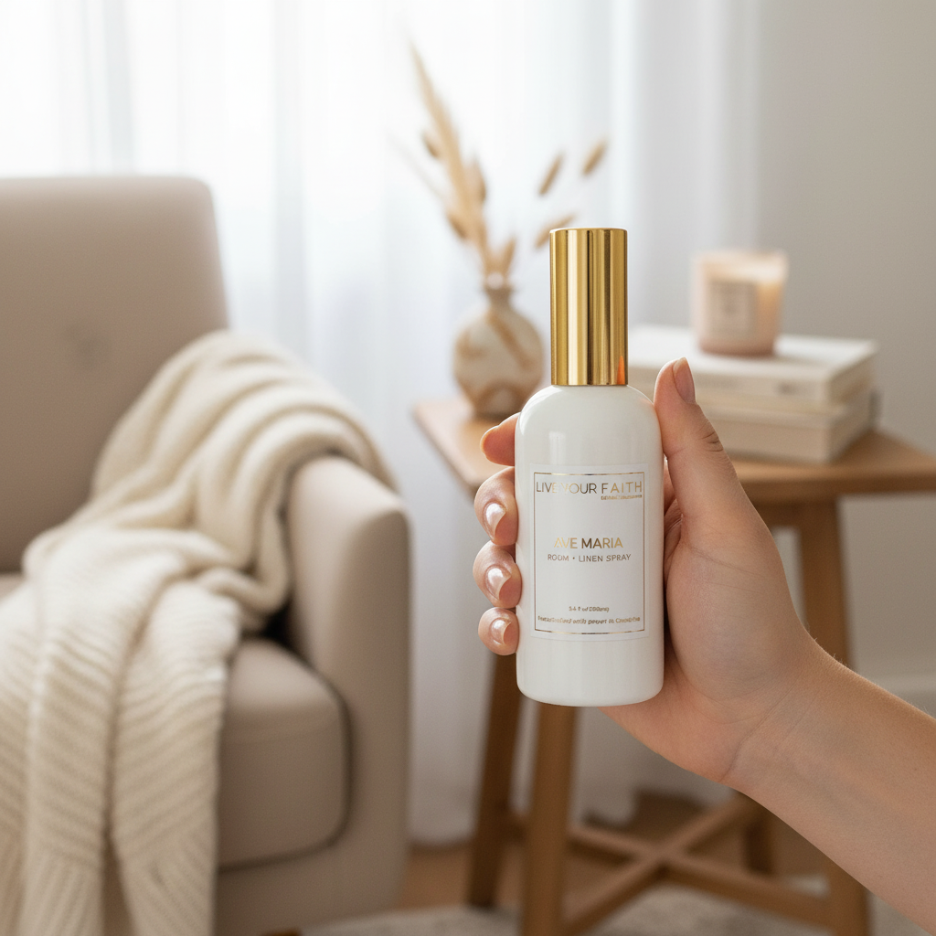 Hand holding the ave Maria room and line spray bottle labeled Ave Maria in a cozy living room setting. inspired in the Ave Maria prayer. Catholic room spray, catholic gift