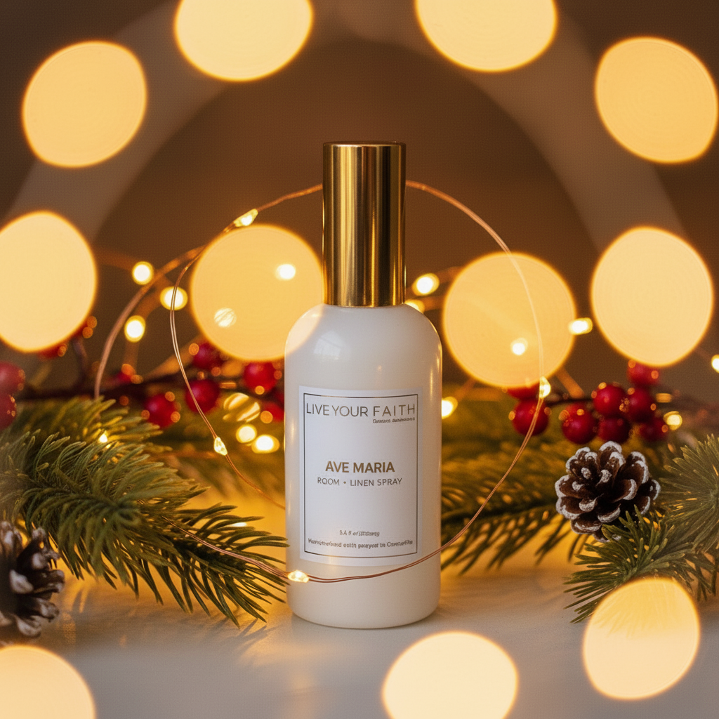 Room spray bottle labeled 'Live Your Faith Catholic with festive decorations and blurred lights in the background inspired in the Ave Maria prayer. Catholic room spray, catholic gift
